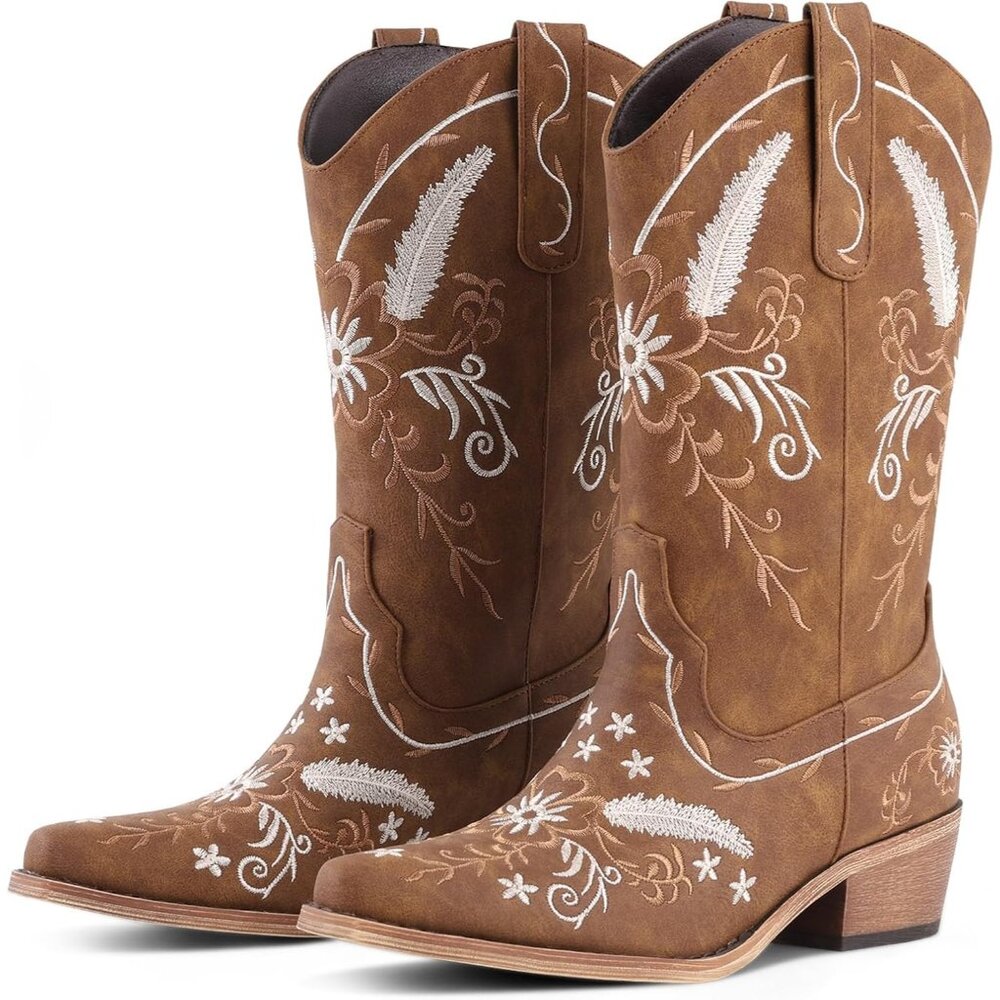Women Brown Floral Pattern Western Cowboy Boots White Comfortable Chunky Heel